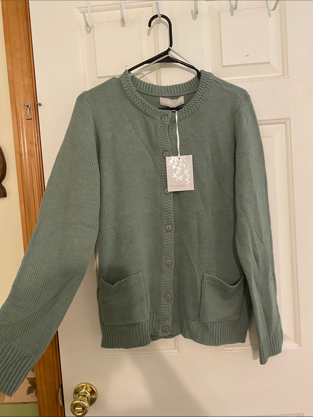 Carolyn Taylor Sage Green Button-Front Knit Cardigan